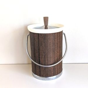 Vintage Kromex Mid Century Modern Stainless Steel and Faux Wood Ice Bucket